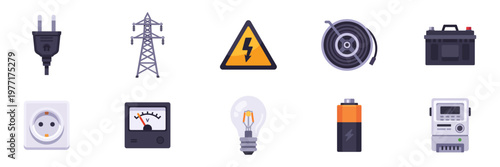 Set of electrical power energy equipment icons, plug, socket, battery, meter, tower, warning sign, colorful collection with vector flat illustrations
