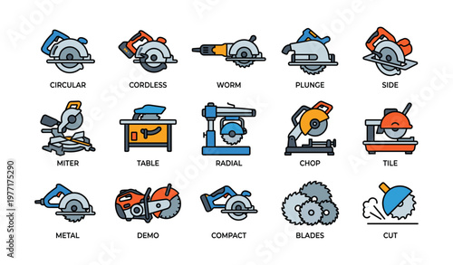 Various types of circular saws and tools for cutting and carpentry