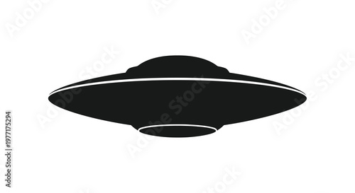 A simple black silhouette of a classic flying saucer spaceship