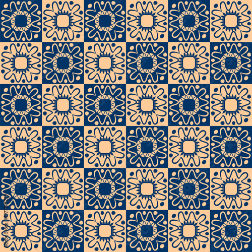 Seamless pattern with blue and yellow tiles. Oriental style ornament. Vector illustration.