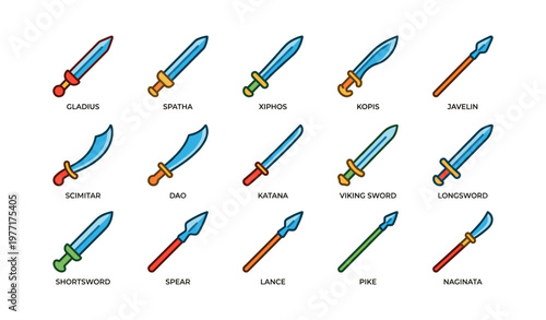 Ancient weapon collection: various swords, spears, and javelins illustrated