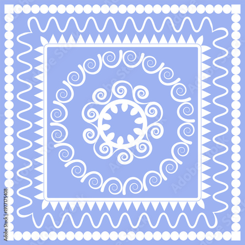 Square pattern with white geometric elements on a blue background. Oriental style ornament. Vector illustration.