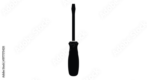 A simple black silhouette of a flathead screwdriver against a white background