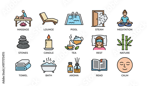 Spa and wellness icons: massage, meditation, relaxation, calm, nature