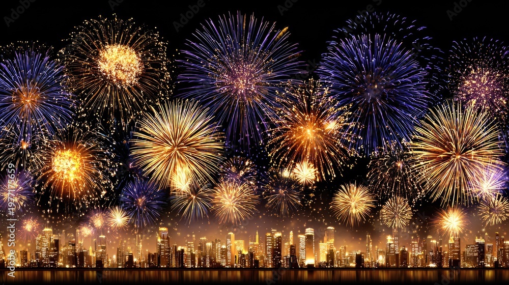 Fototapeta premium Vibrant Fireworks Display Over Urban Skyline at Night with Brilliant Colors and Sparkling Effects