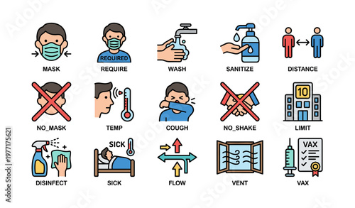 Covid-19 prevention icons: mask, wash, sanitize, distance, cough, limit, ventilation, vaccine