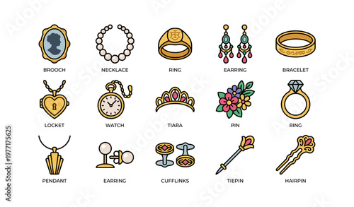 Collection of jewelry icons including rings, earrings, necklace, watch, and brooch