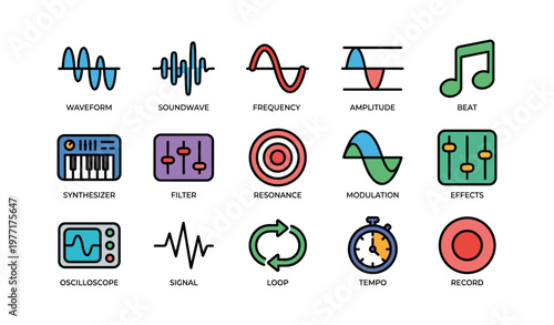 Audio icons collection: waveform, synthesizer, modulation, tempo, signal
