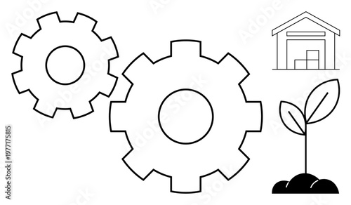 Sustainability, industrial processes, eco-friendly operations, growth, production, innovation. Two gears, a warehouse and a plant sprout. Sustainability and industrial processes ion