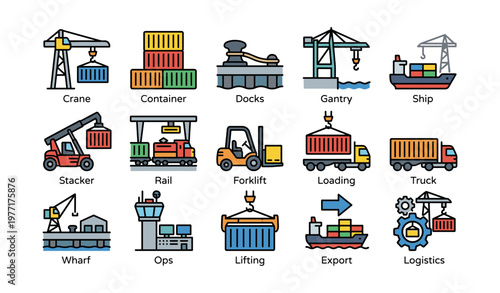Colorful icons of shipping and cargo logistics with cranes and containers
