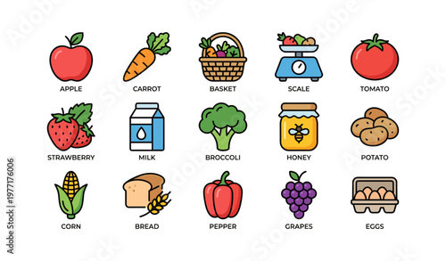 Collection of illustrated fruits vegetables dairy honey and eggs icons
