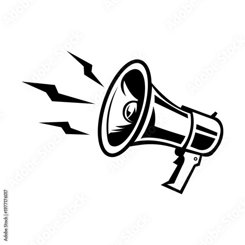 Dynamic black and white stylized megaphone illustration with sound waves, symbolizing urgent announcements, public address, communication, and attentiongrabbing marketing messages.