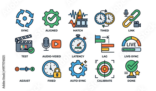Sync and calibration icons: audio, video, timing, and connectivity elements