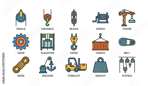 Illustrated industrial equipment icons: pulleys, cranes, forklift, and more