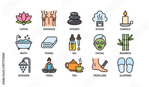 Spa and relaxation icons: elements for wellness and self-care
