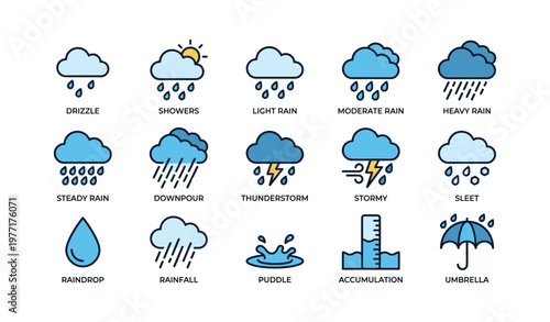 Weather icons: drizzle, showers, rain, storms, umbrella