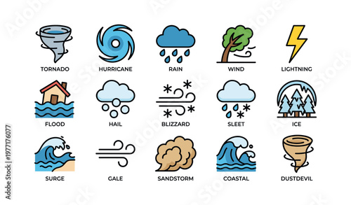 Weather icons featuring tornado, hurricane, rain, wind, and more