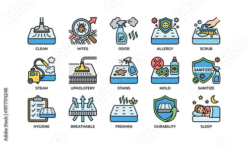 Mattress care icons: cleaning, sanitizing, hygiene, and freshness symbols