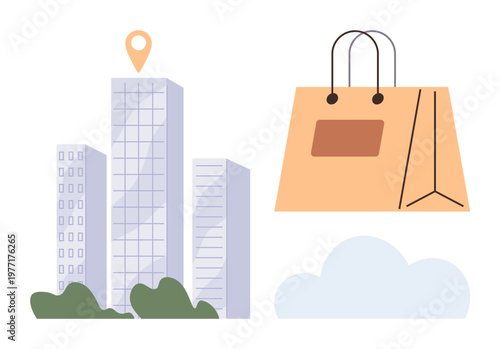E-commerce, retail business, urban lifestyle, delivery service, online shopping, and logistics. High-rise buildings, location icon shopping bag and cloud. E-commerce and retail business concept
