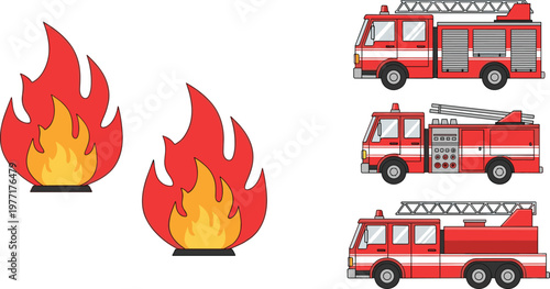 Red Fire Truck and Flame Icon Set with Emergency Response Vehicles and Blazing Fire Symbols for Firefighter Safety Rescue and Hazard Prevention Designs