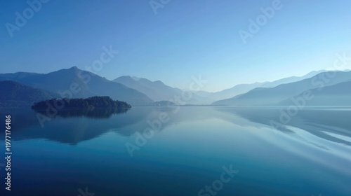 Tranquil Lake at Dawn Surrounded by Majestic Mountains Under Clear Blue Sky
