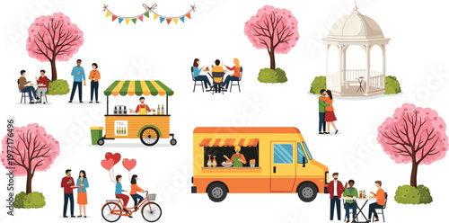 Spring Food Festival and Outdoor Park Activities Vector Set Featuring Food Trucks Picnic Areas Cherry Blossom Trees and People Enjoying Leisure Time