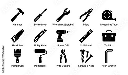 Collection of essential hand tools icons for construction and repair projects