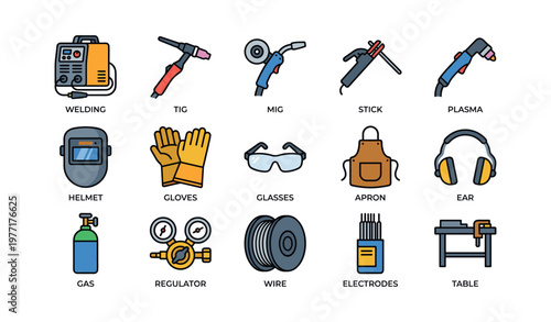 Detailed welding equipment icons: tools, safety gear, accessories