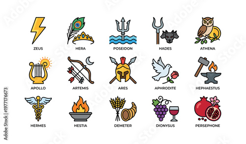 Icons of greek mythology: zeus, hera, poseidon, hades, athena, and more