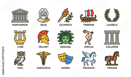 Ancient greek symbols: parthenon, zeus, olympics, medusa, pegasus icons