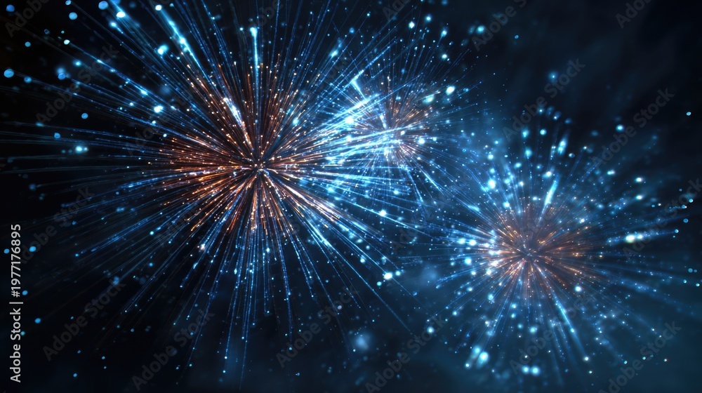Fototapeta premium Stunning Explosion of Blue and Orange Fireworks in Night Sky, Capturing Brightness and Festivity with Sparkling Effects