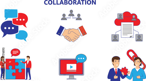 Collaboration teamwork communication icon set with chat handshake cloud sharing puzzle partnership video meeting business cooperation vector