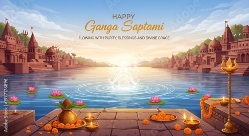 Digital illustration with a serene and spiritual theme, depicting a tranquil riverside scene at dawn or dusk. The layout features a calm river with gentle ripples, surrounded by traditional Indian arc