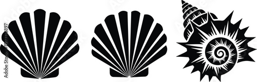 Seashell silhouette set with scallop and spiral conch marine ocean shapes black vector illustration collection isolated on white background