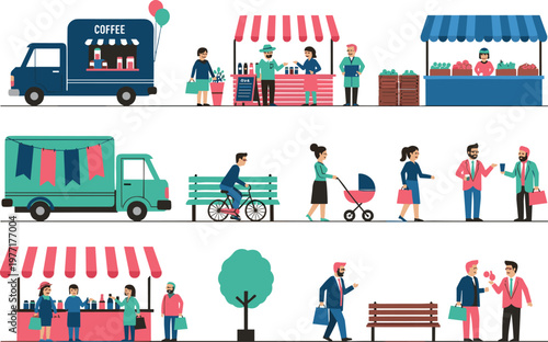 Street Food Market and Urban Lifestyle Vector Set Featuring Food Trucks Outdoor Vendors People Shopping and City Park Elements for Modern Community Designs