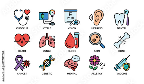 Medical icons representing health checkup, vision, hearing, and more