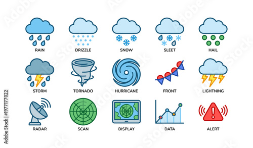 Weather symbols: rain, drizzle, snow, sleet, hail, storm, tornado, hurricane