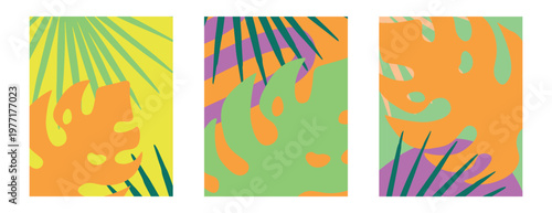 Abstract Tropical Summer Background Set with Palm Leaves, Bright Modern Posters Collection