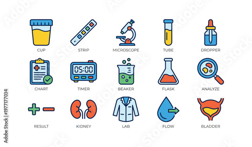 Medical testing icons including microscope, flask, and kidney illustrations