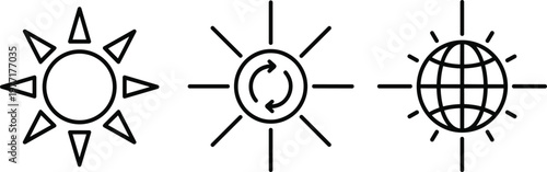 Sun and global warming icon set with earth sunlight rays and climate change symbols minimal outline vector illustration isolated on white background