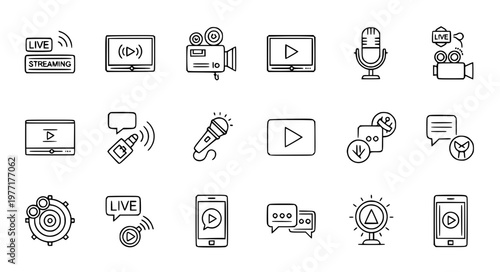 Live streaming thin line icon vector set editable stroke broadcast EPS10 isolated on white