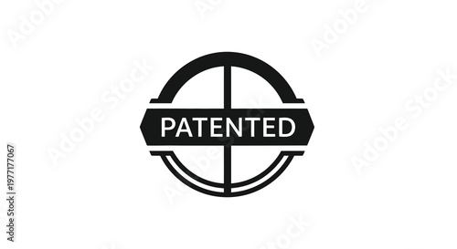A black and white image of a patented symbol with bold lettering
