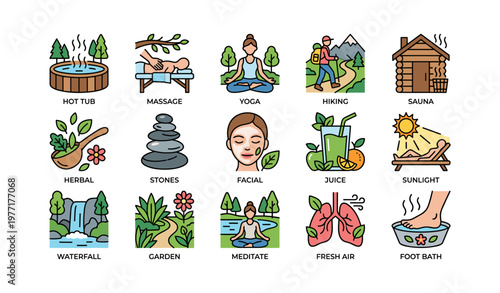 Wellness activities icons: hot tub, massage, yoga, hiking, sauna, nature, relaxation, meditation