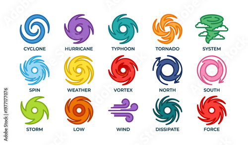 Colorful cyclone and weather icons representing storms and atmospheric systems