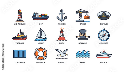 Nautical icons: lighthouse, ship, anchor, crane, compass, lifebuoy, waves, seagull
