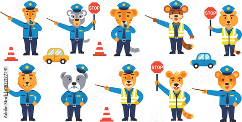 Traffic police animals vector set with officer characters directing cars stop sign and road safety illustration isolated on white background