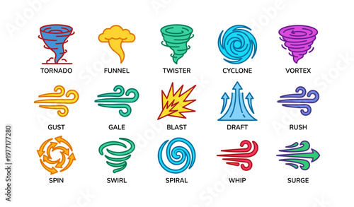 Colorful weather icons featuring tornadoes and wind symbols