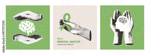 Mental Health Awareness Month poster set. Flyers, cards with halftone paper cut out hands save brain, hold green ribbon. Psychological stability collage pop art design. Vector illustration copy space