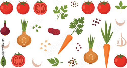 Vegetable seamless pattern vector with tomatoes onions carrots garlic and herbs fresh food background illustration isolated on white