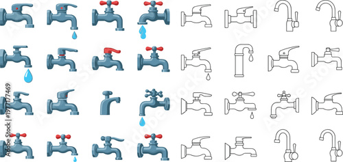 Water tap and faucet icon collection with different styles dripping and flowing plumbing fixtures vector illustration set isolated on white background